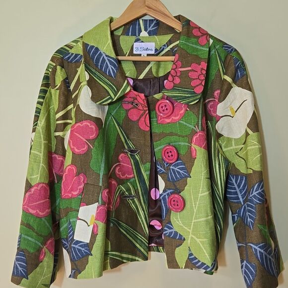3 Sisters Linen Blend Floral Cropped Blazer Jacket Sz XL Cotton 3/4 Sleeve Boxy - Picture 16 of 16